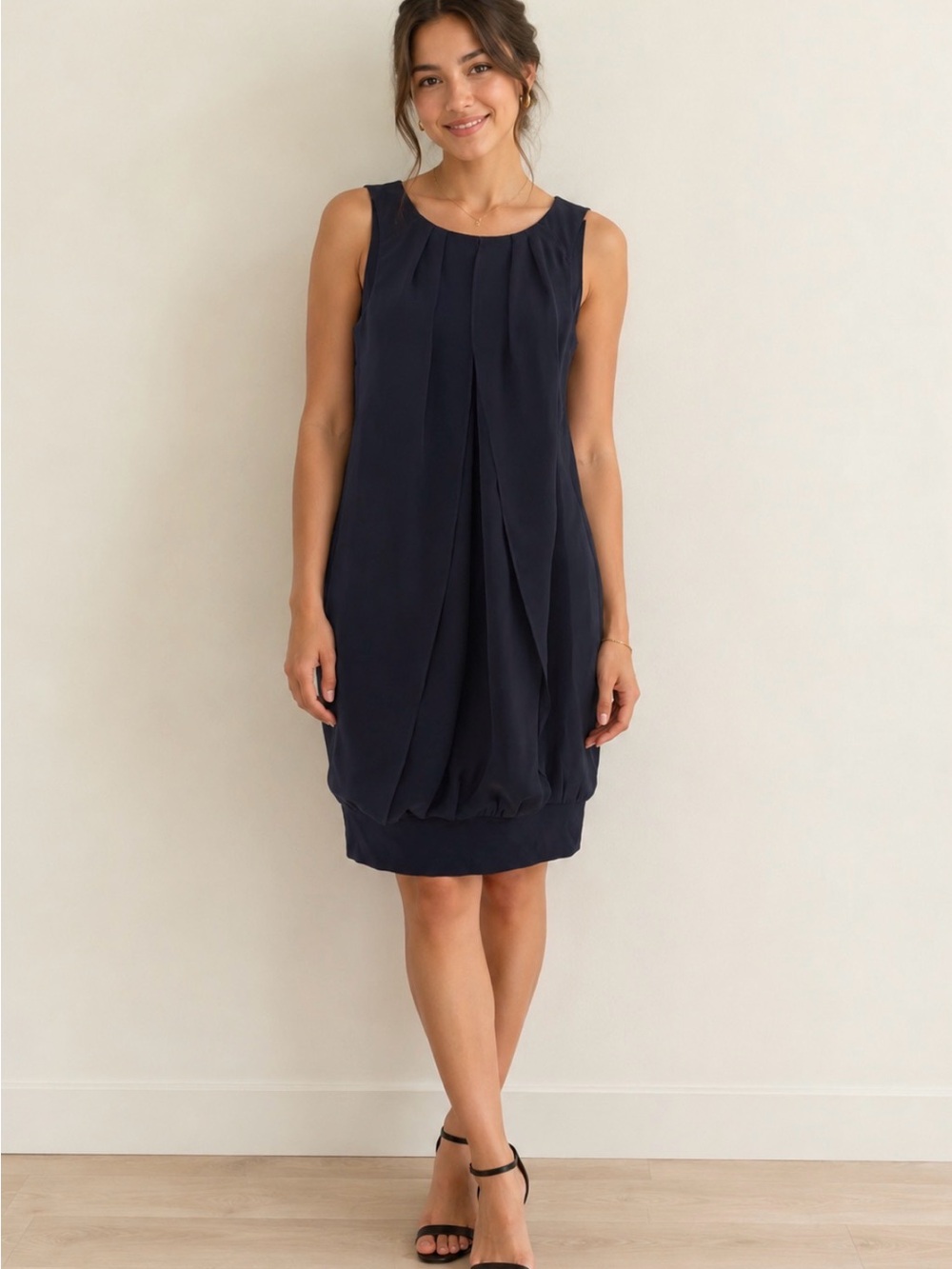 Esprit flowy Navy Sleeveless Pleated Blouson Midi Dress, 36/US 6